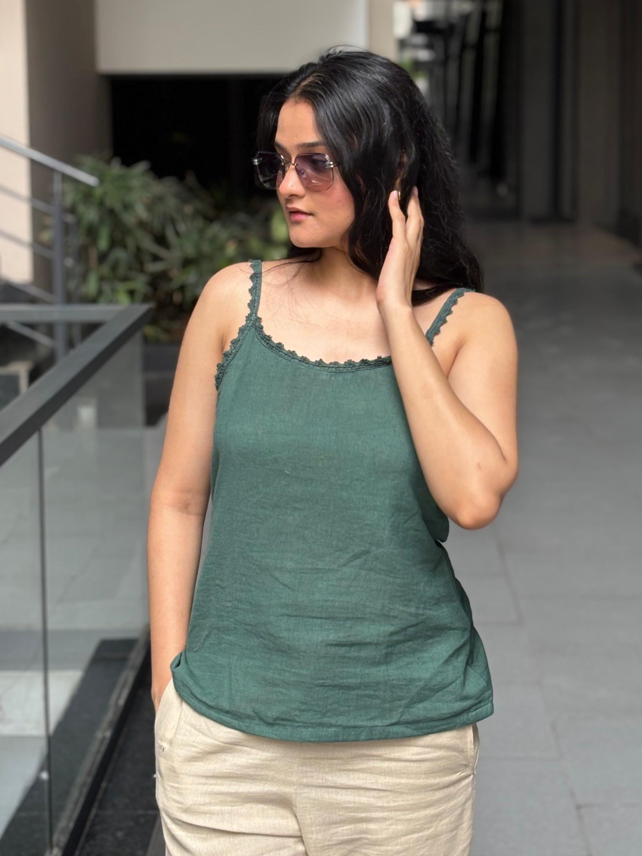 Sage Green Cotton-Linen Top for Women – Detailed & Occasion-Ready