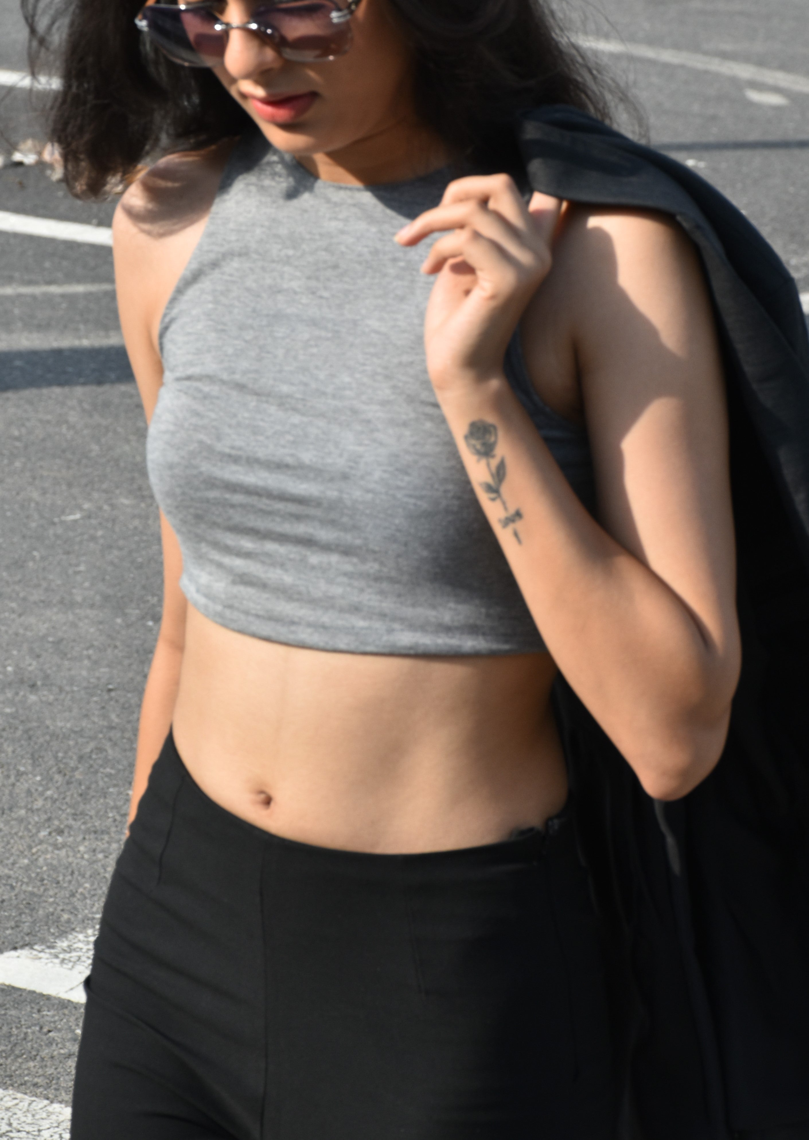 Women’s Grey Melange Crop Top – Stretch Fit for Everyday Comfort