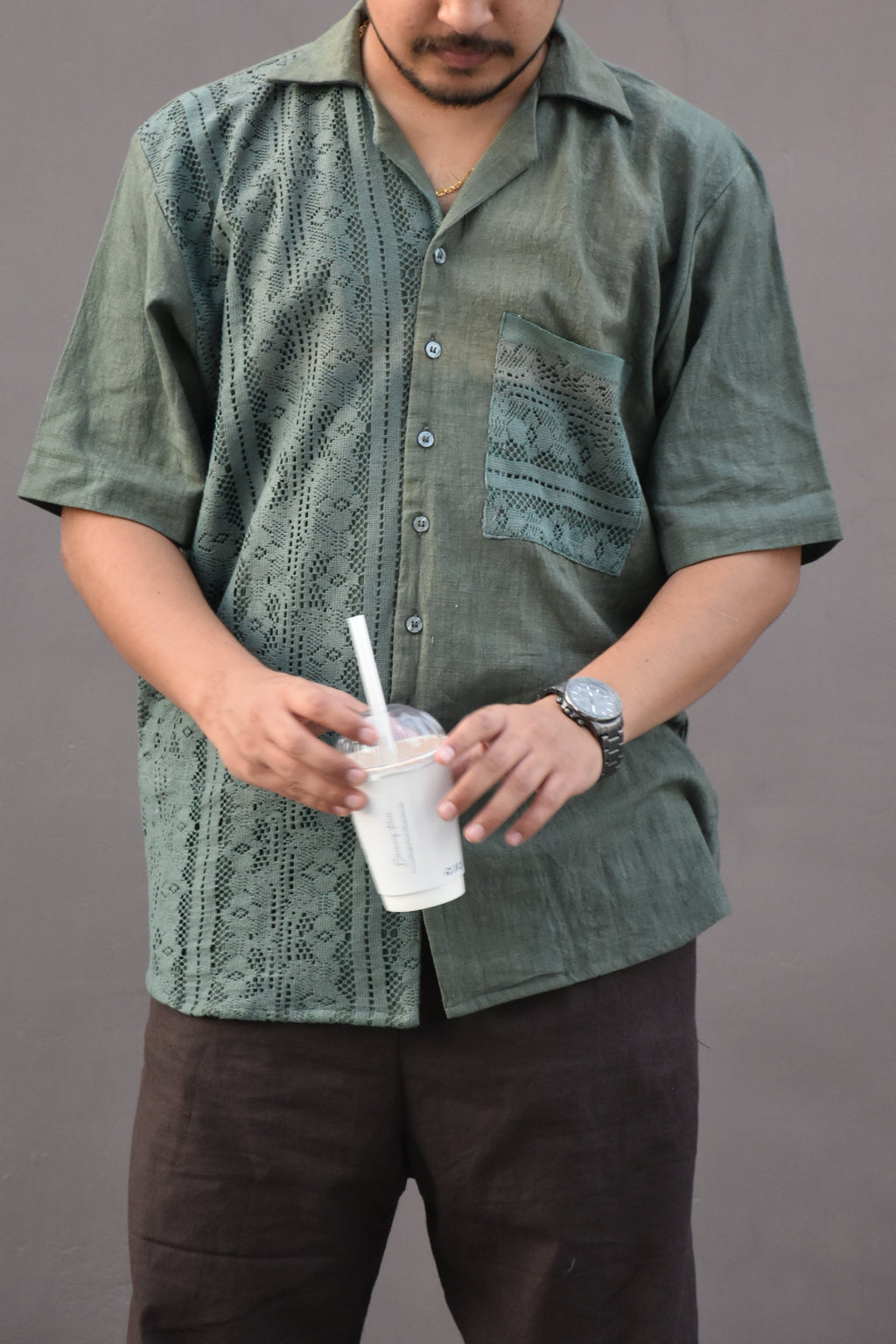 Designer Textured Cotton-Linen Shirt In Sage Green Colour For Men