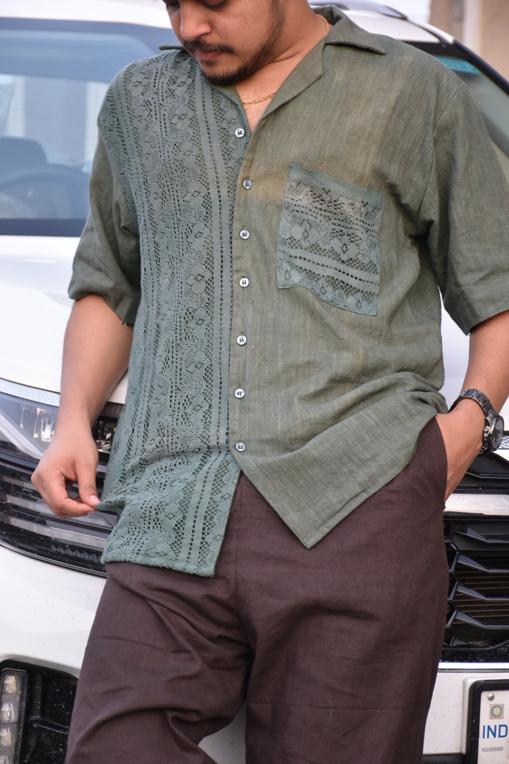 Designer Textured Cotton-Linen Shirt In Sage Green Colour For Men