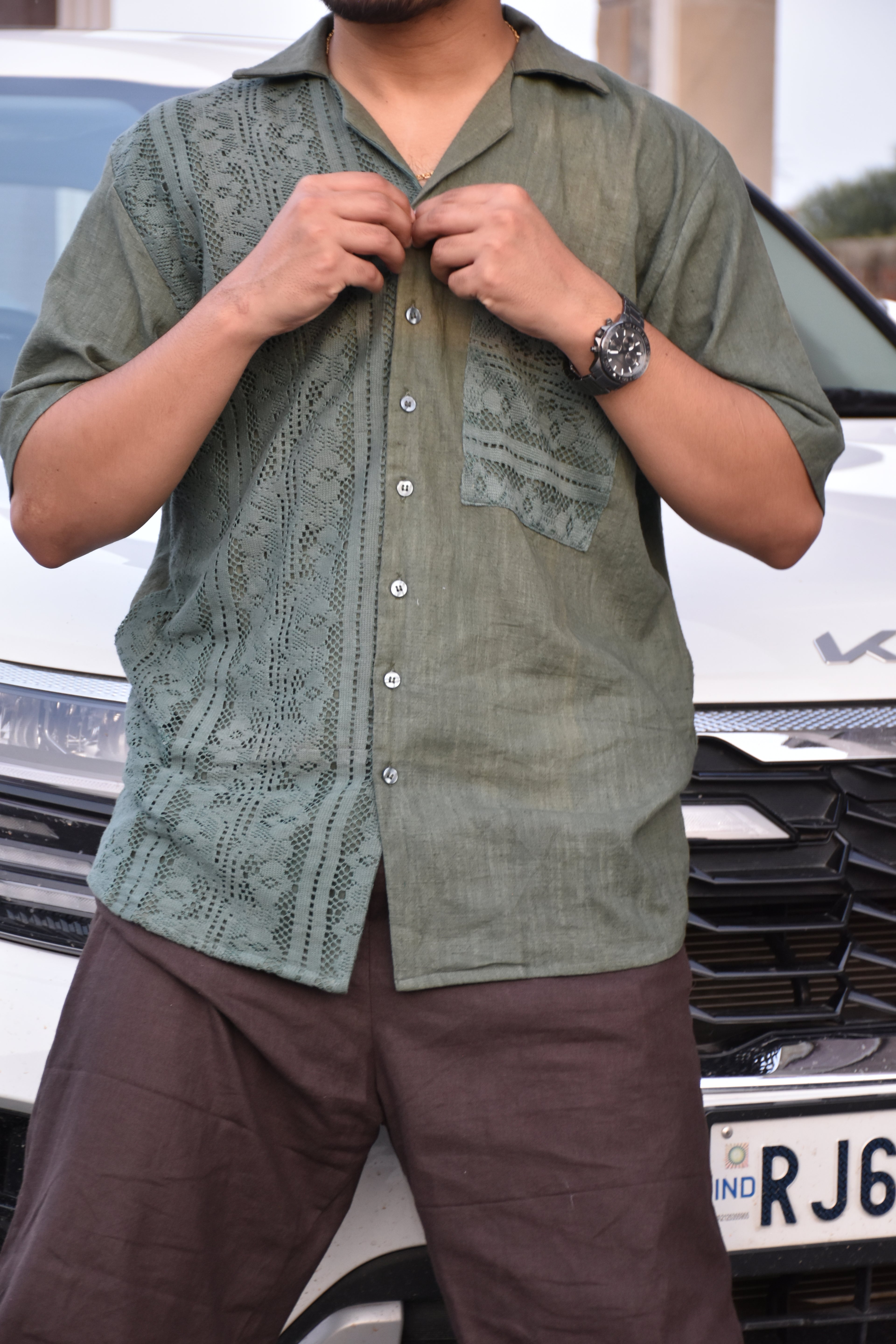 Designer Textured Cotton-Linen Shirt In Sage Green Colour For Men