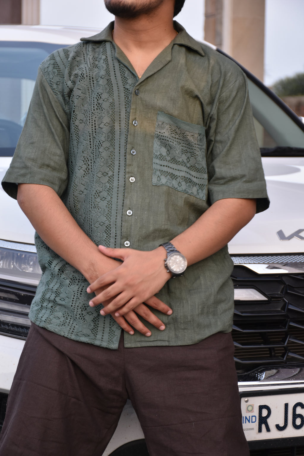Designer Textured Cotton-Linen Shirt In Sage Green Colour For Men