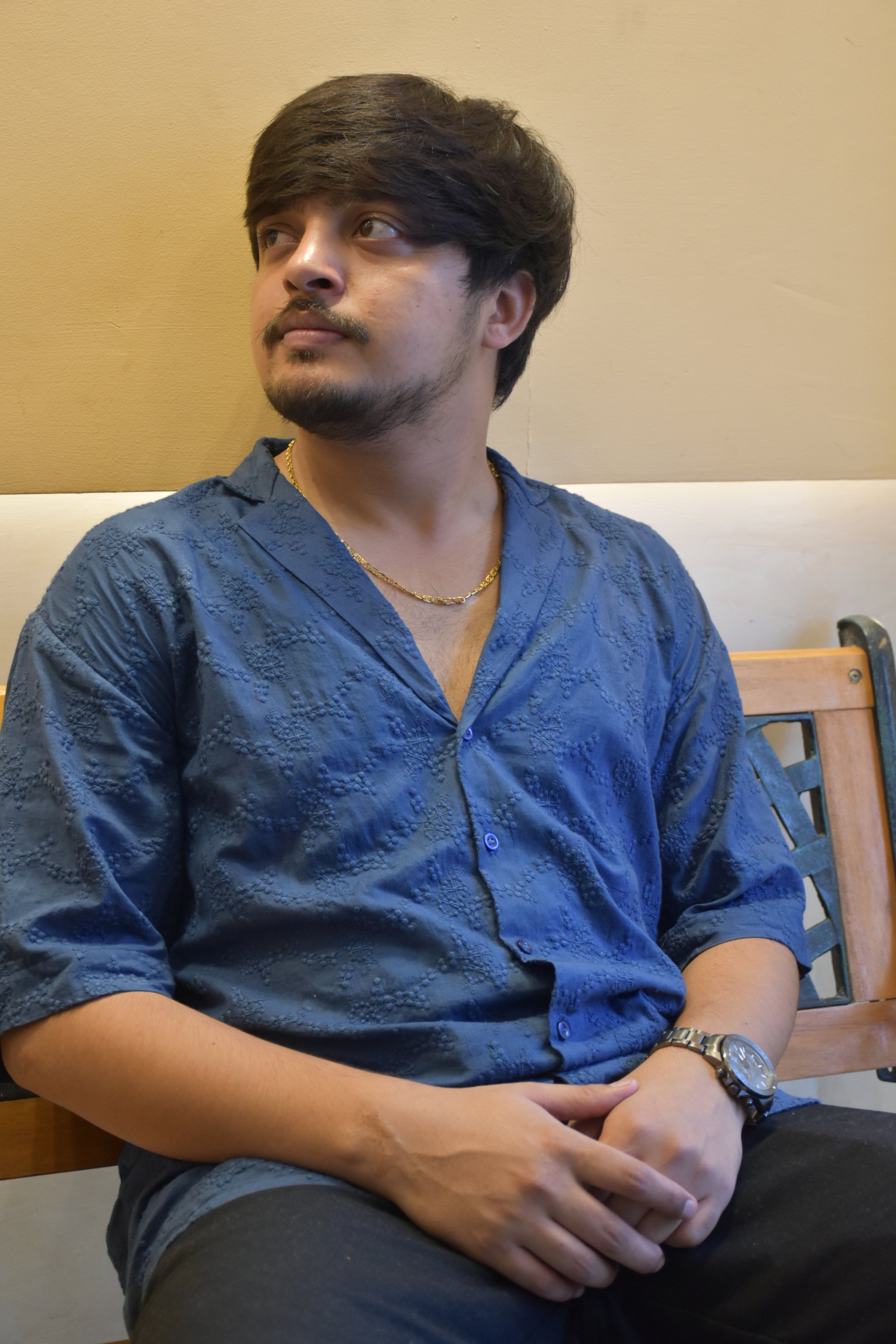 Men’s Oversized Blue Cotton Shirt – Textured & Relaxed Fit
