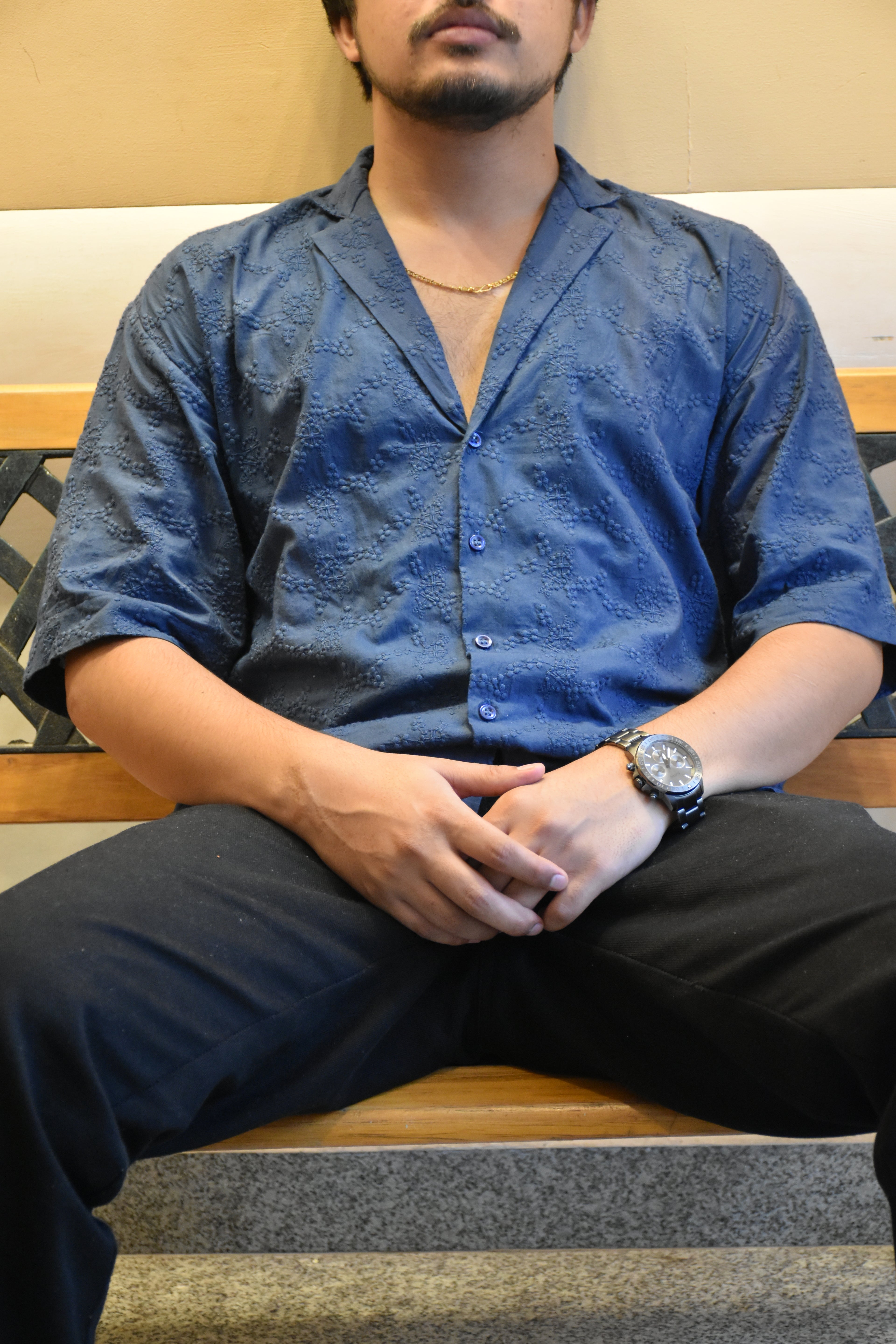 Men’s Oversized Blue Cotton Shirt – Textured & Relaxed Fit