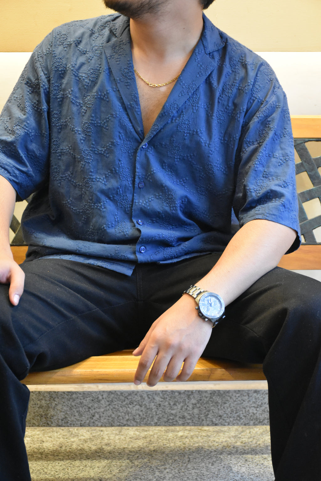 Men’s Oversized Blue Cotton Shirt – Textured & Relaxed Fit