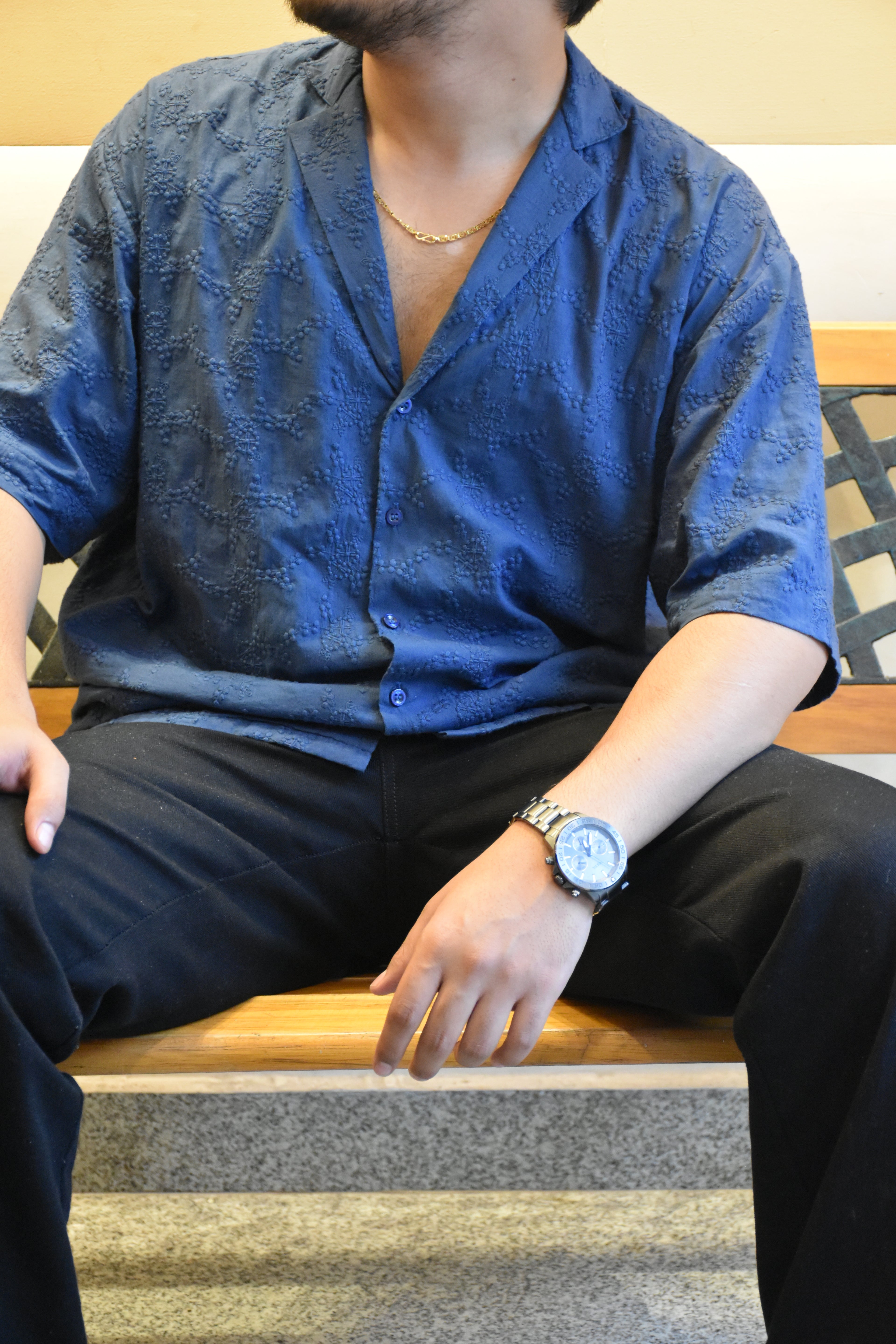 Men’s Oversized Blue Cotton Shirt – Textured & Relaxed Fit