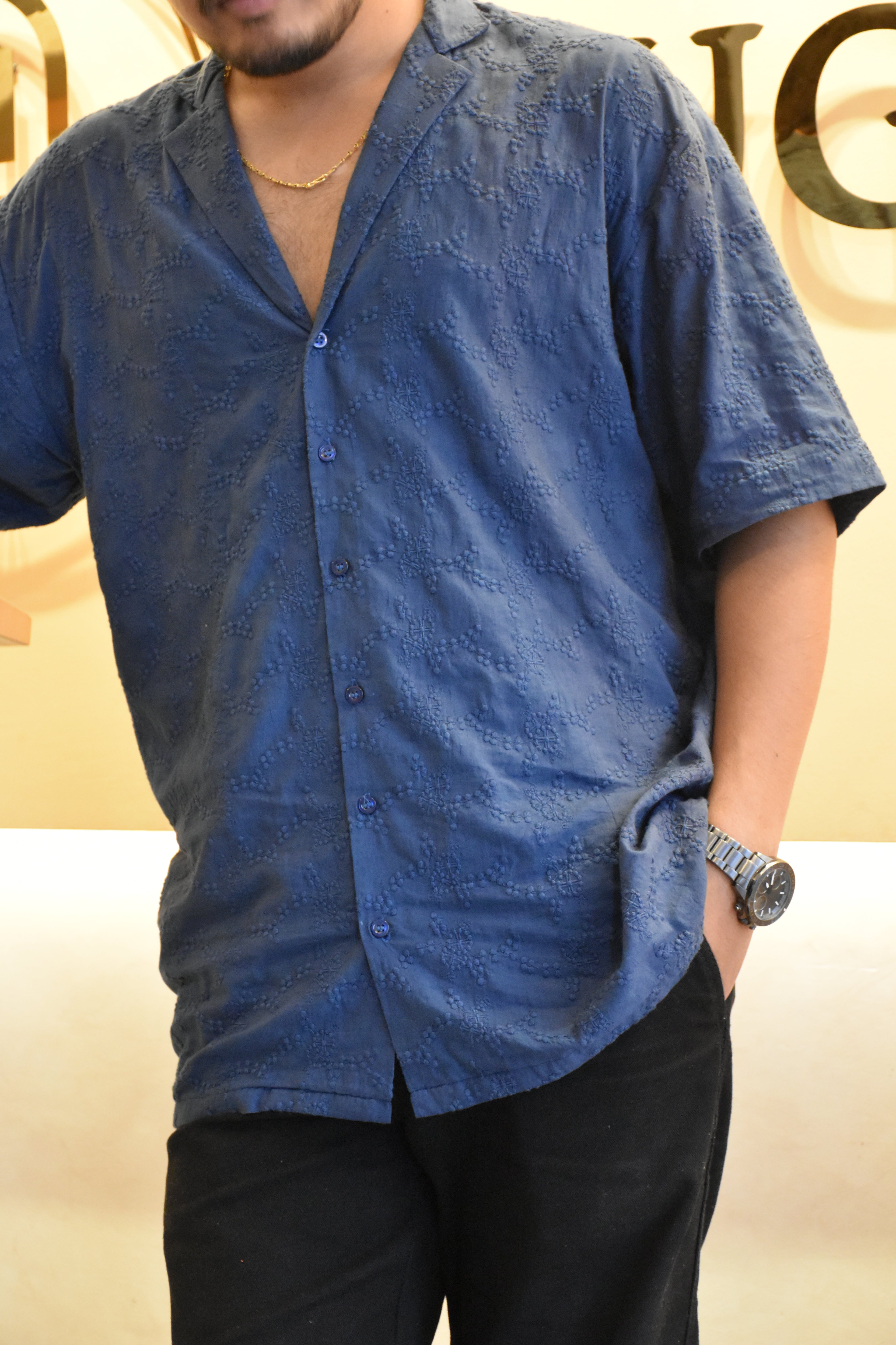 Men’s Oversized Blue Cotton Shirt – Textured & Relaxed Fit