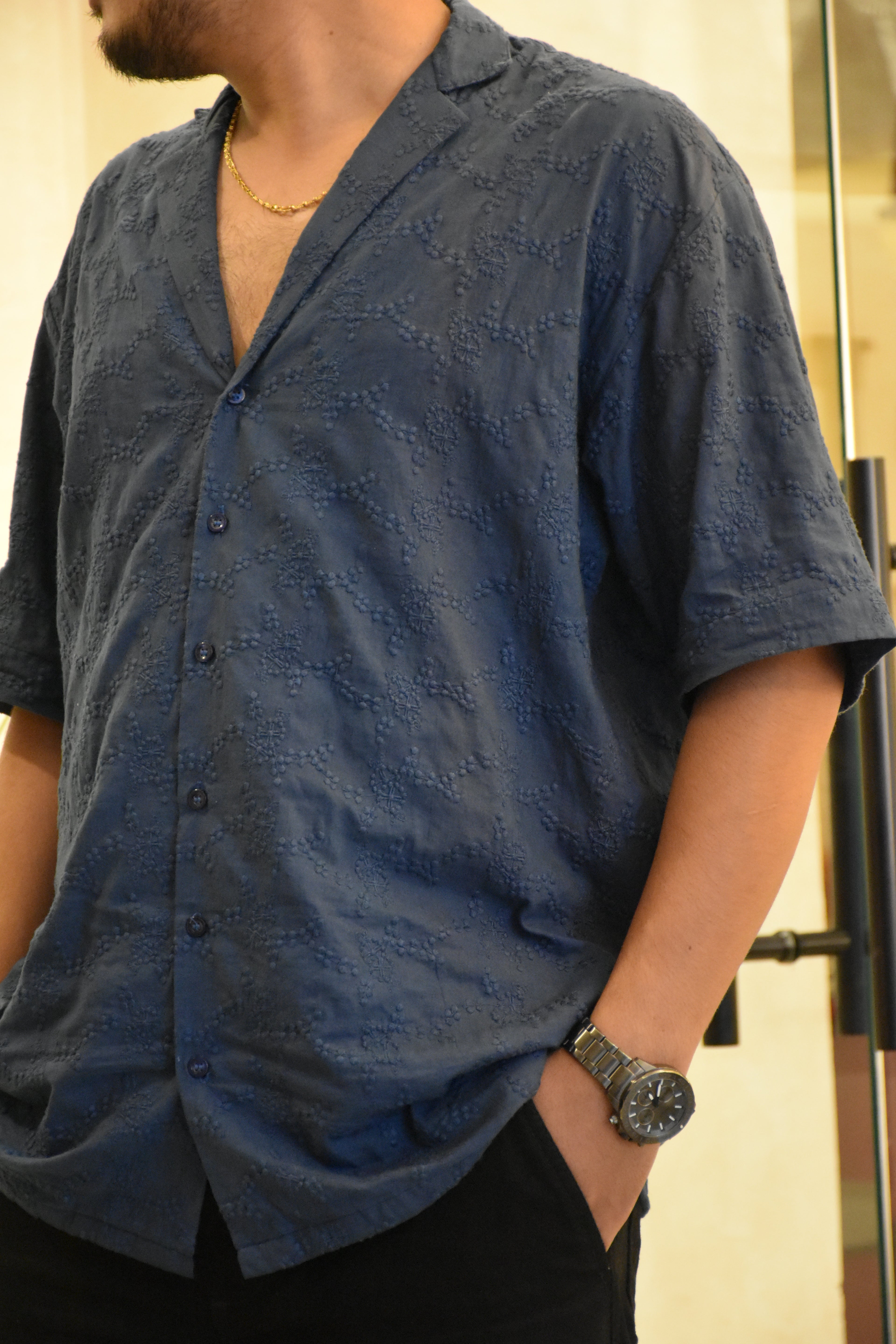 Men’s Oversized Blue Cotton Shirt – Textured & Relaxed Fit
