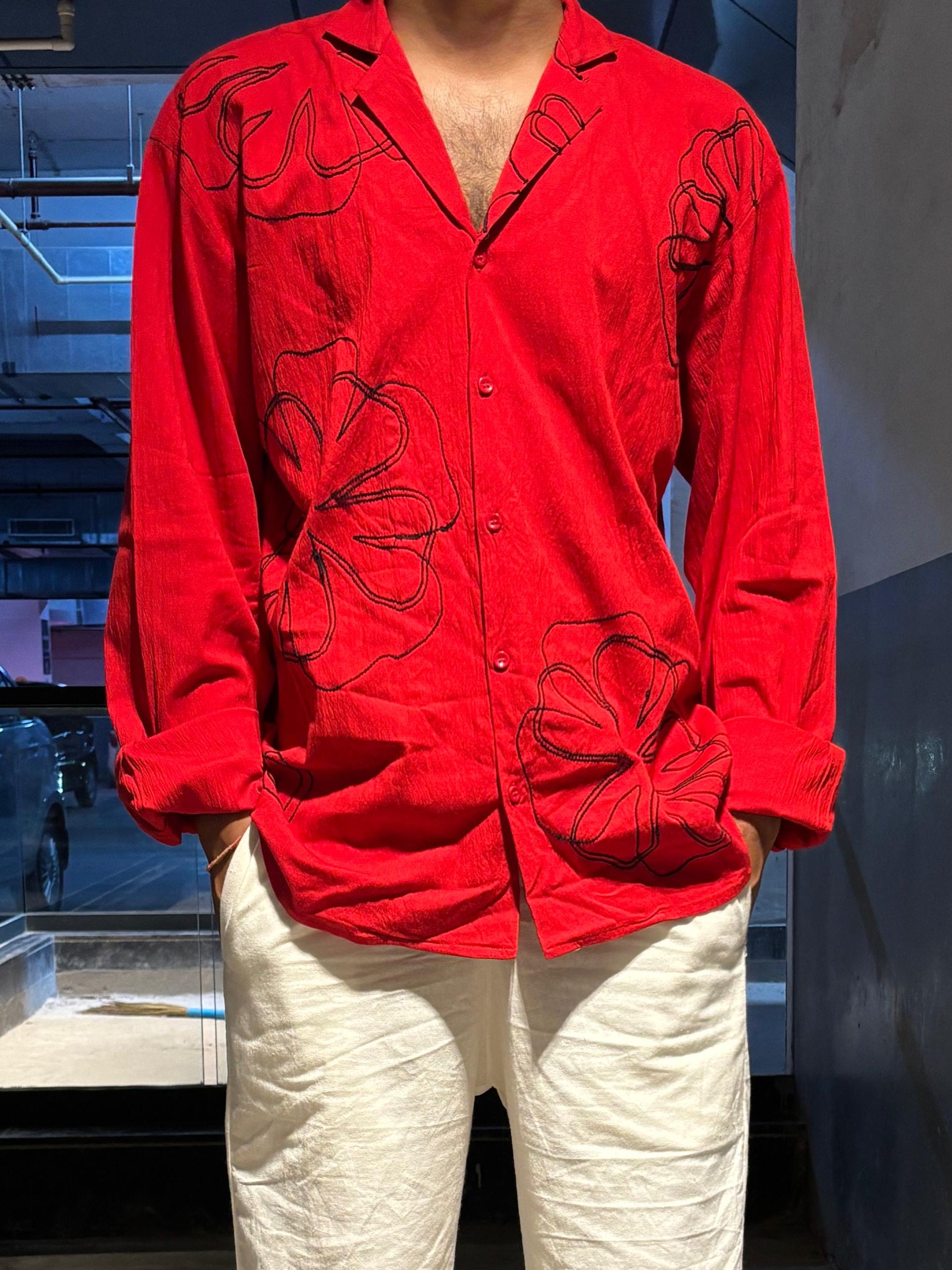 Embroidered Handmade Shirt In Red – Artistic, Unique & Festive Wear