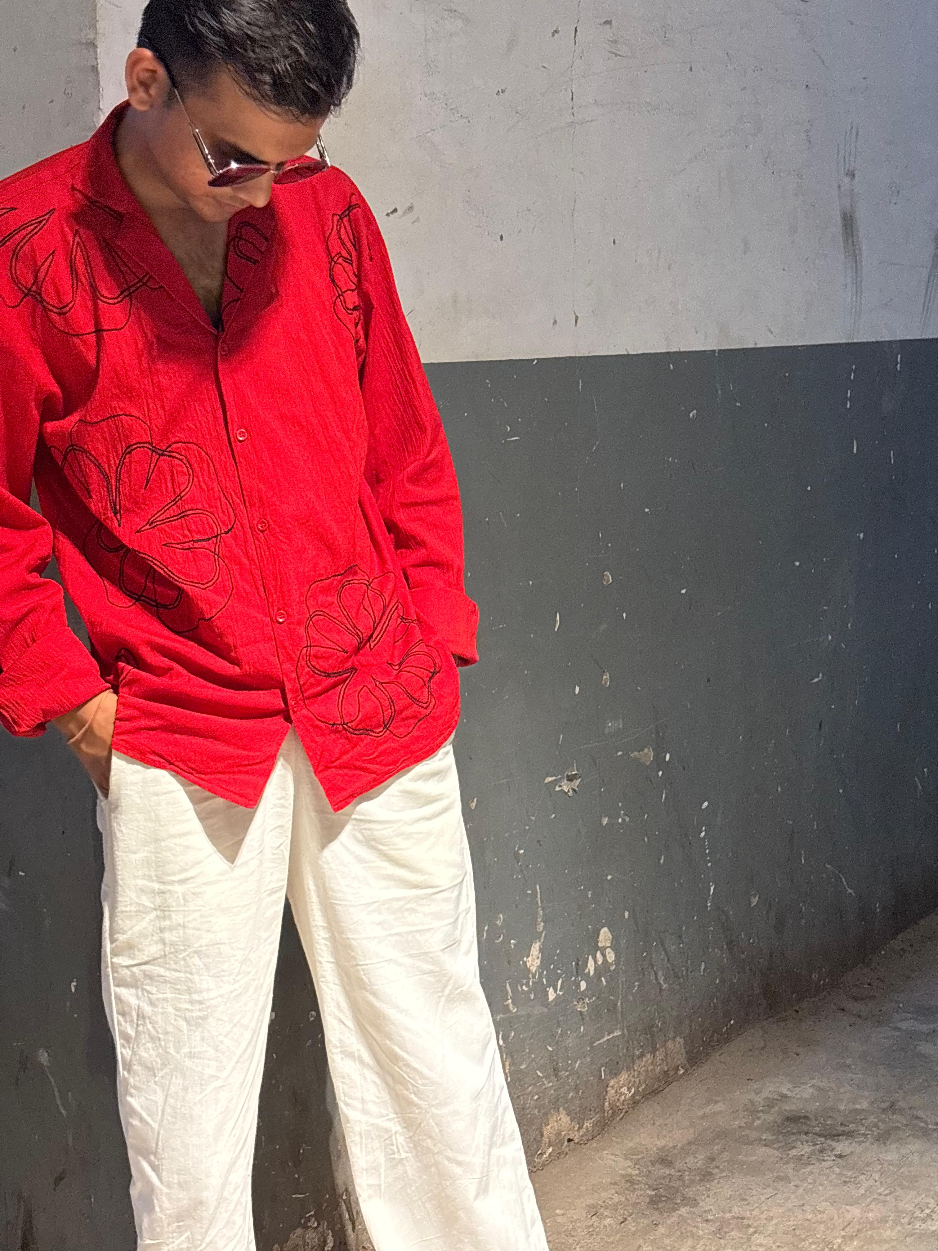Embroidered Handmade Shirt In Red – Artistic, Unique & Festive Wear