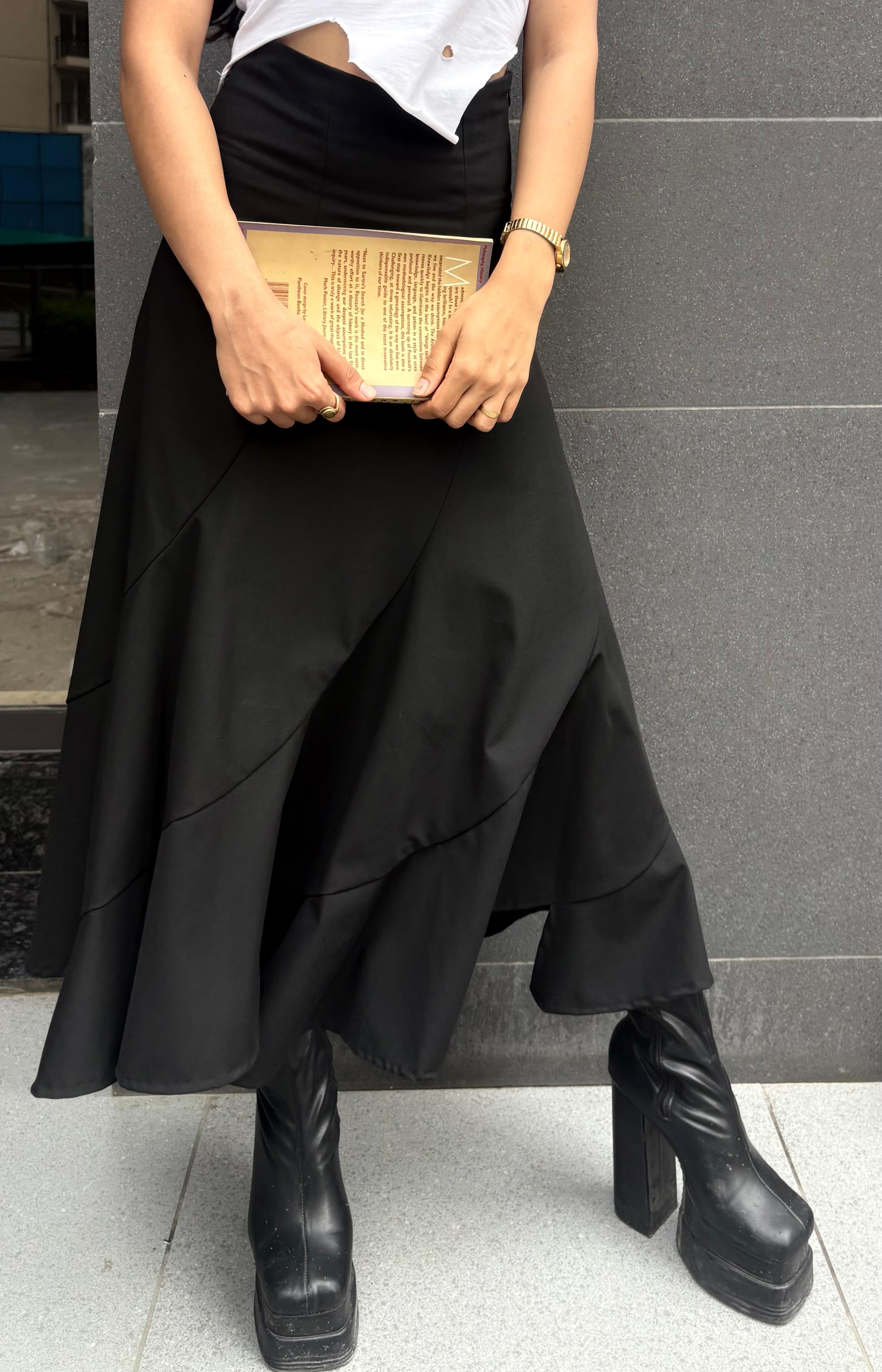 “Black Spiral Designer Skirt for Women – 4-Way Stretch | Nisarg Exclusive”