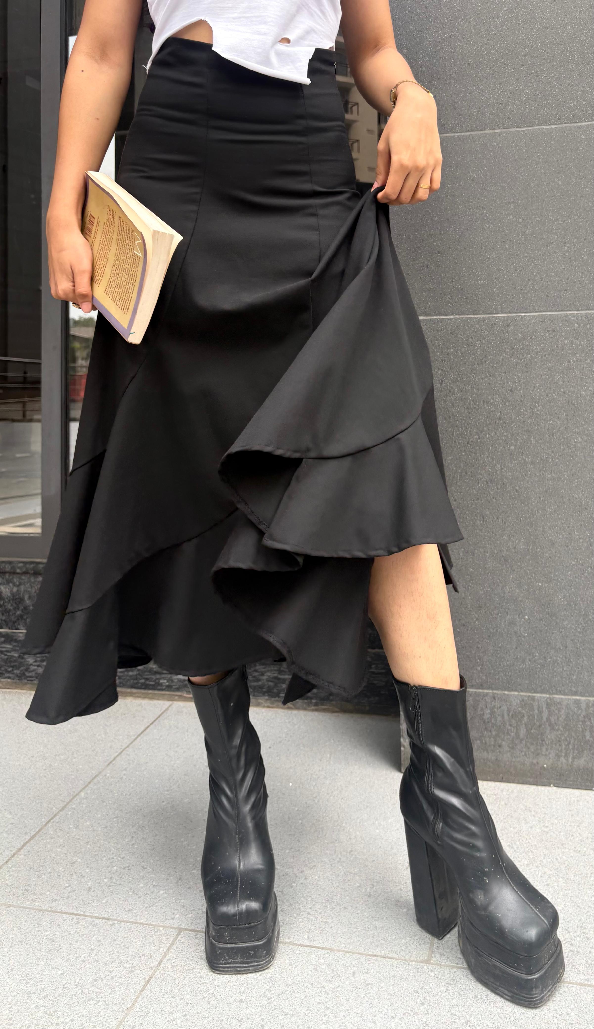 “Black Spiral Designer Skirt for Women – 4-Way Stretch | Nisarg Exclusive”