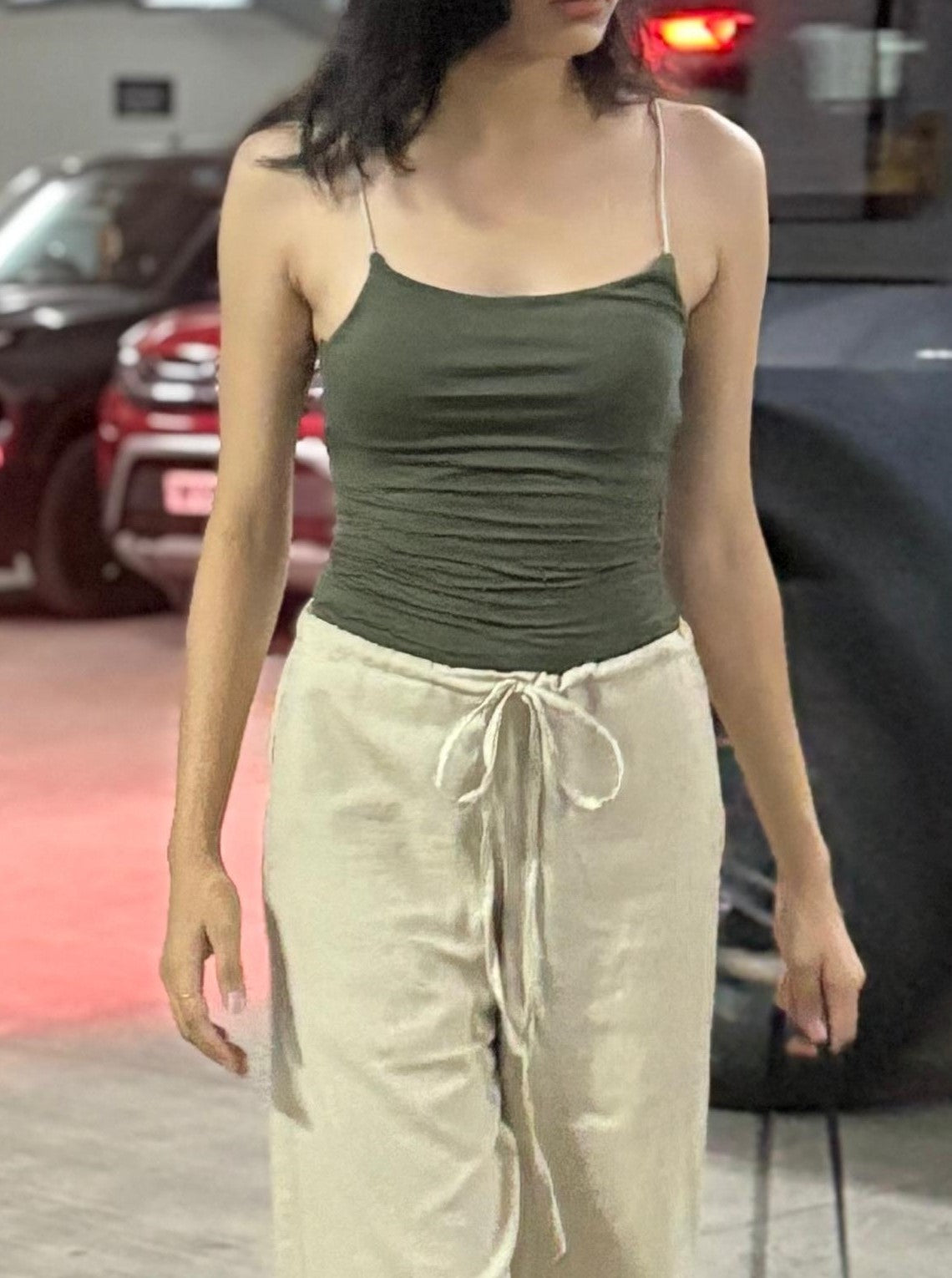 Nisarg Olive Stripe Top – Trendy Neutral with a Sculpted Fit
