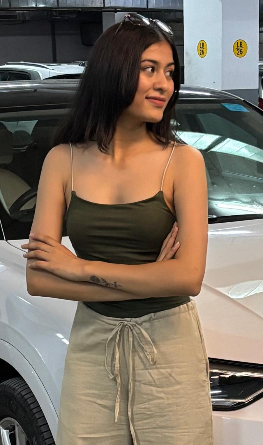 Nisarg Olive Stripe Top – Trendy Neutral with a Sculpted Fit