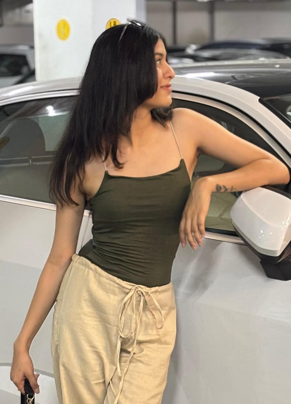 Nisarg Olive Stripe Top – Trendy Neutral with a Sculpted Fit